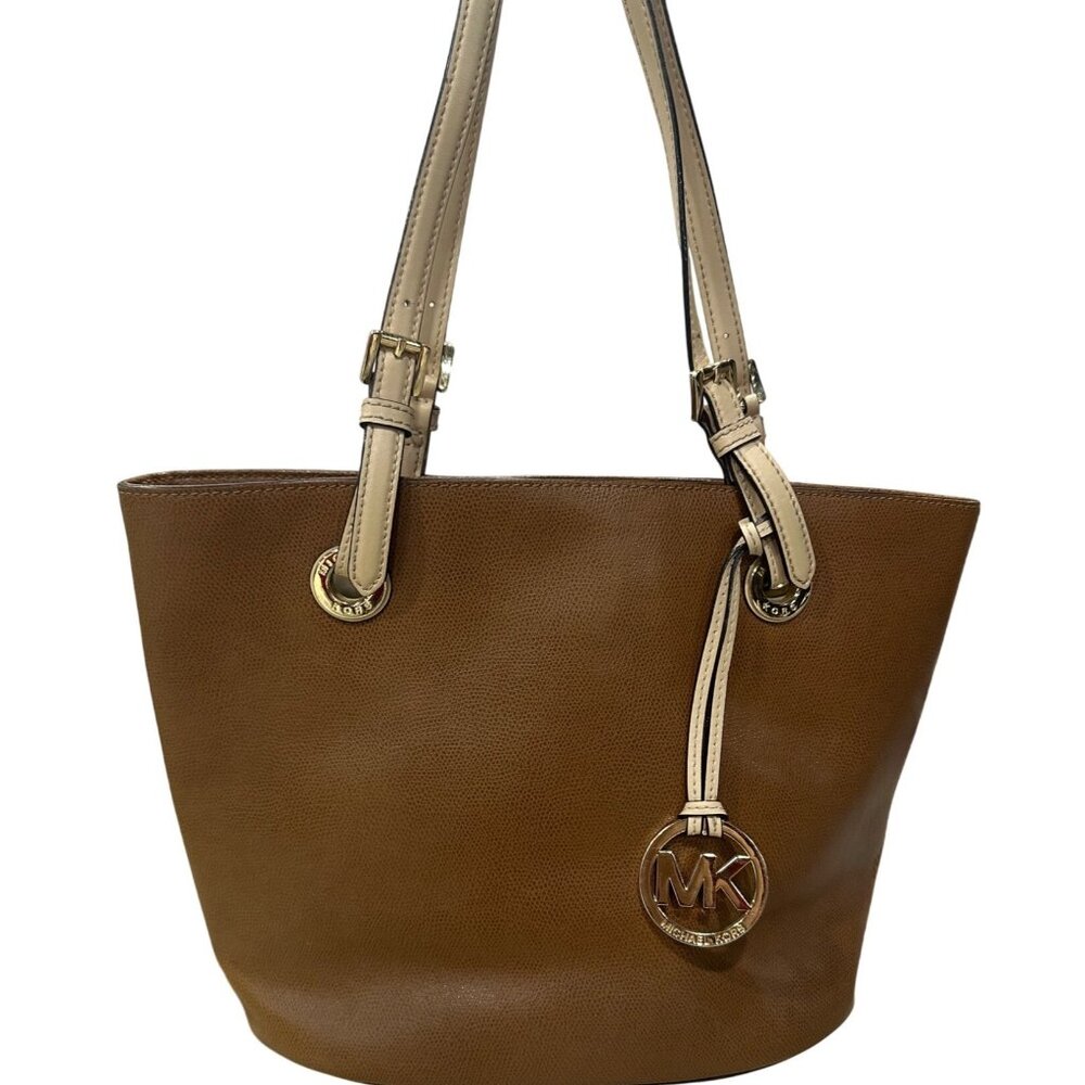 Michael Kors Brown Leather Tote Bag With Beige Handles & MK Charm
